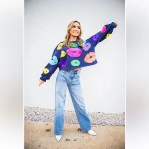 QUEEN OF SPARKLES Navy Kiss All Over Lip Print Sweatshirt NWT! Valentine